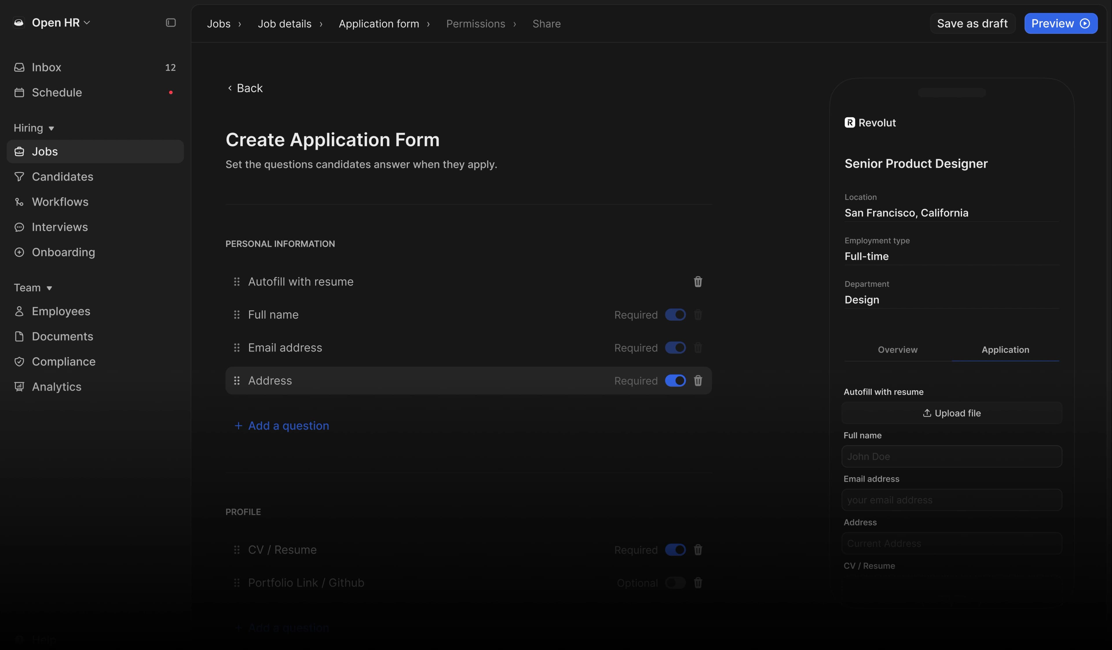 OpenHR application form builder
