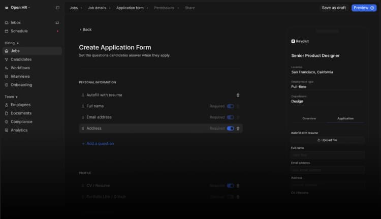 OpenHR application form builder